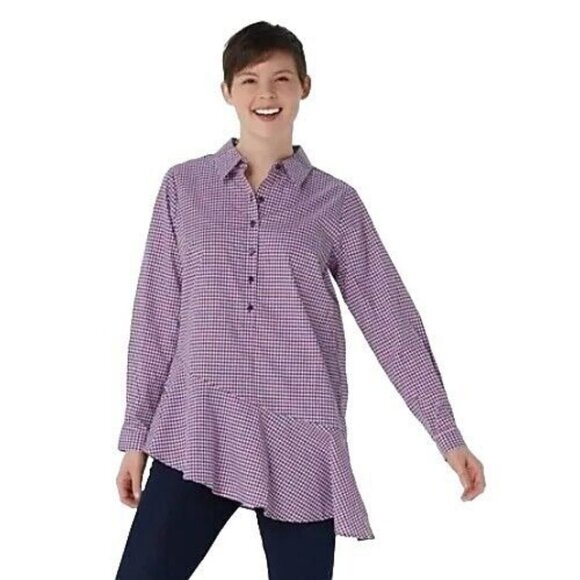 Joan Rivers Button Front Tunic with Asymmetric Hem Red/Navy Reg 12 - Picture 1 of 1